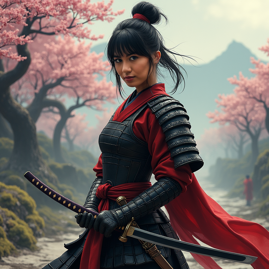 Japanese samurai girl in traditional armor, posing confidently with a katana swo