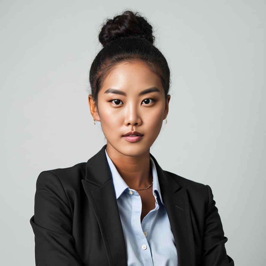 A passport-size photo of a professionally dressed individual, wearing a collared shirt and blazer. The background is plain light gray, the subject is centered and looking directly at the camera with a neutral expression. Lighting is balanced with no shadows or reflections