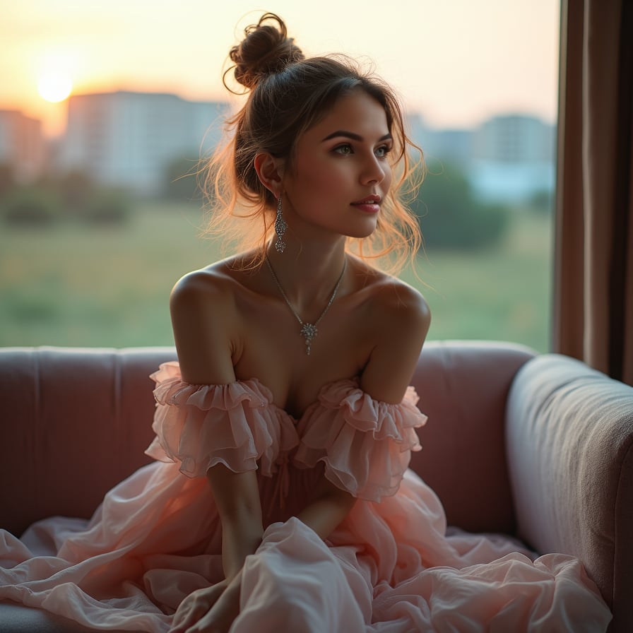 Pose: Sitting on a plush, velvet couch, with her legs curled up and her arms wrapped around her knees, as if lost in a daydream.
Expression: Playful, with a hint of mischief and a soft, dreamy gaze.
Clothing: A flowing, pastel-colored dress with a loose, flowing design, evoking the feeling of a sweet, innocent child.
Accessories: A pair of dangling earrings with small, sparkling stones, a delicate silver necklace, and a messy, undone hairstyle.
Background: A soft, whimsical background with a subtle gradient, evoking the feeling of a sunny, idyllic meadow.