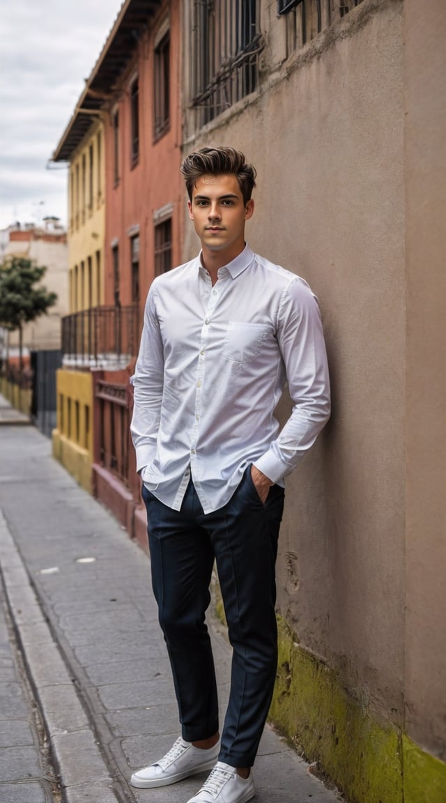 Trendy city dweller, sleek outfit, modern skyscrapers in the background.