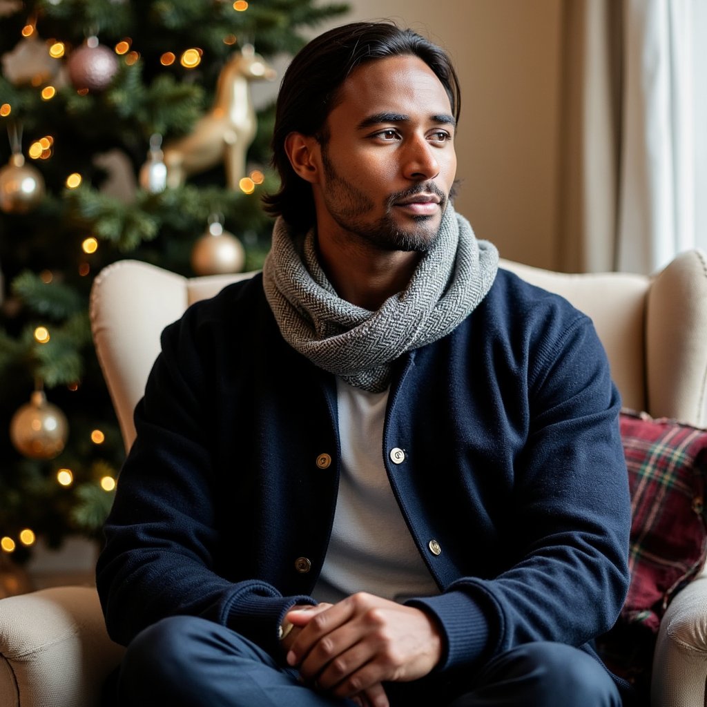 Waist-up side-profile portrait of a man seated on an armchair near a tastefully decorated Christmas tree; he looks slightly past camera, posture relaxed, hands resting together. Wardrobe: navy merino cardigan with horn buttons over a white tee; textured tweed scarf draped loosely (visible herringbone). Hair: medium length, brushed back; neatly trimmed beard. Lighting: practical fairy-light key from the tree plus a soft window fill, creating warm highlights and cool shadows; faint kicker on the scarf edge. Background: tree ornaments in buttery bokeh (gold, glass, a few tartan touches), otherwise minimal clutter. Camera: 70–200mm at ~135mm, f/2.5, slightly lower-than-eye-level angle to feel stately; highly realistic, highly detailed, HDR; knit and tweed weave sharply rendered; composed, still mood.