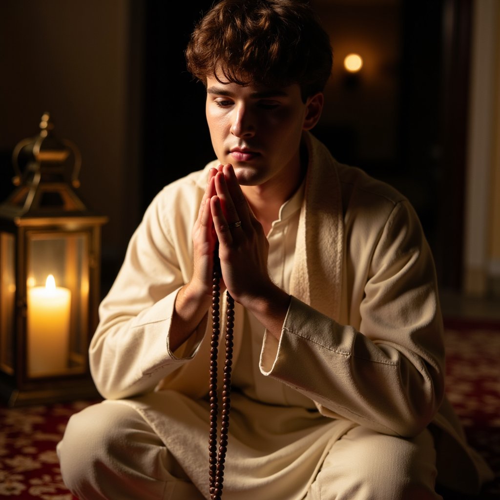 Knee-up portrait of a man seated with prayer beads in hand, dressed in a cream sherwani, subtle lantern light casting gentle shadows, inspired by Mawlid gathering atmosphere