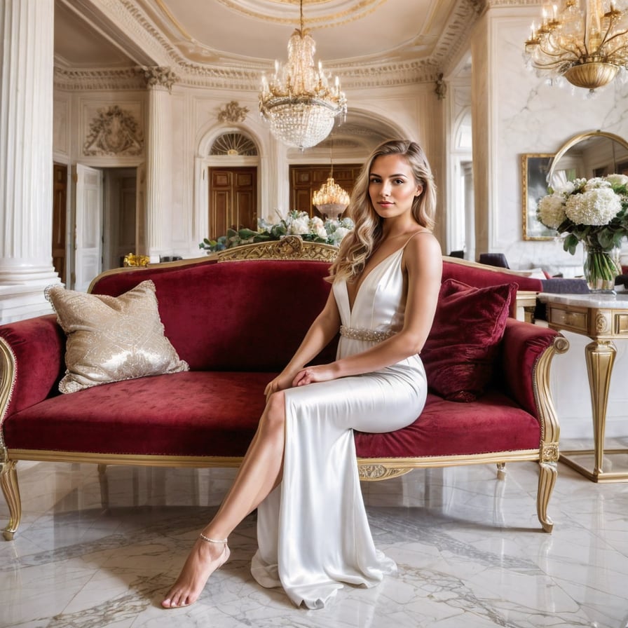 Elegant woman in gown, penthouse, opulent living room.