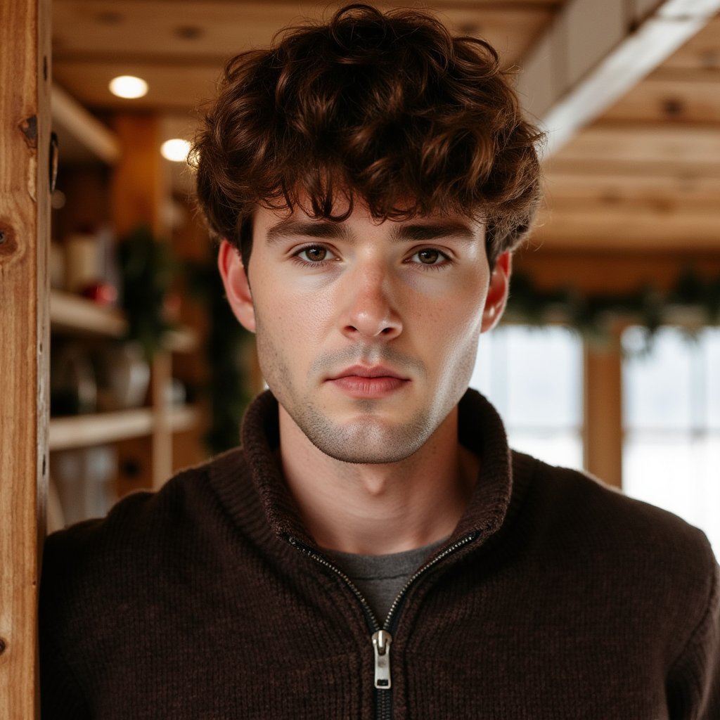 Waist-up portrait of a man inside a wooden cabin decked with subtle Christmas décor. He leans lightly against a wooden beam, hands relaxed at his sides, calm stillness. He wears a dark brown lambswool quarter-zip sweater with visible fiber fuzz, zipper glinting softly.
Hair: messy textured waves; short beard.
Lighting: warm cabin lantern light from camera-left, with a cooler outdoor window glow from behind for contrast.
Background: blurred cabin shelves with pine garland and a couple of minimal ornaments; clean, uncluttered, warm tones.
Camera: 70mm f/2, slight upward angle to add cabin grandeur; highly detailed, highly realistic, HDR showcasing wool texture and wood grain.