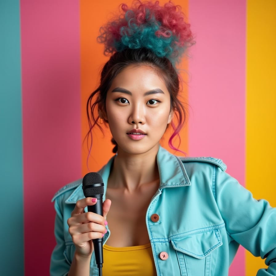 Create a thumbnail headshot of a woman with a friendly, enthusiastic expression. She is styled in modern, colorful clothing, set against a bold, patterned background. The composition should leave space for bold text, making it suitable for cross-platform promotion