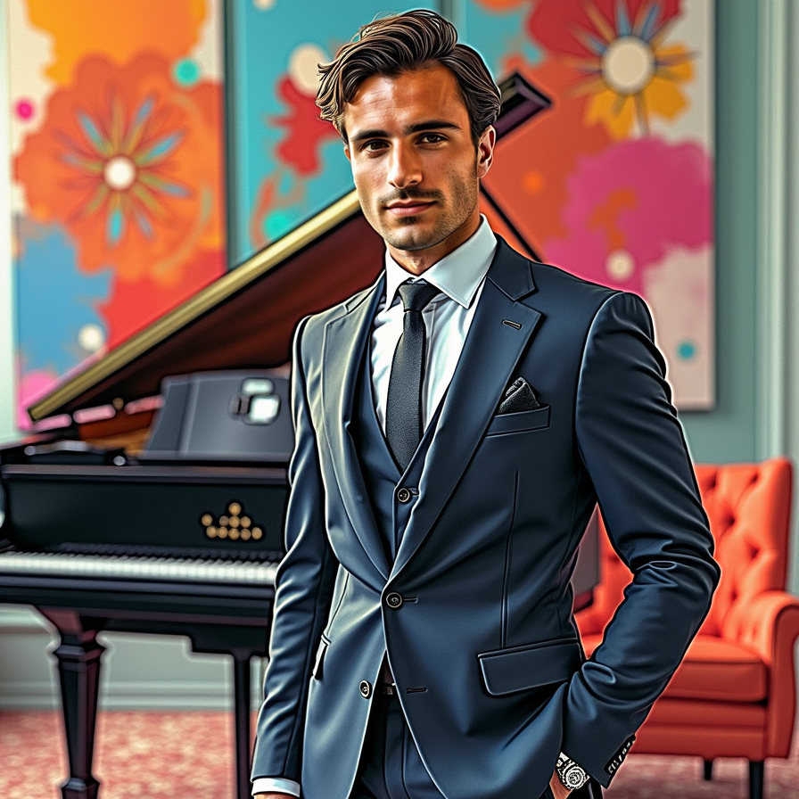 man wearing luxurious suit, surrounded by wealth and opulence, standing in a lav