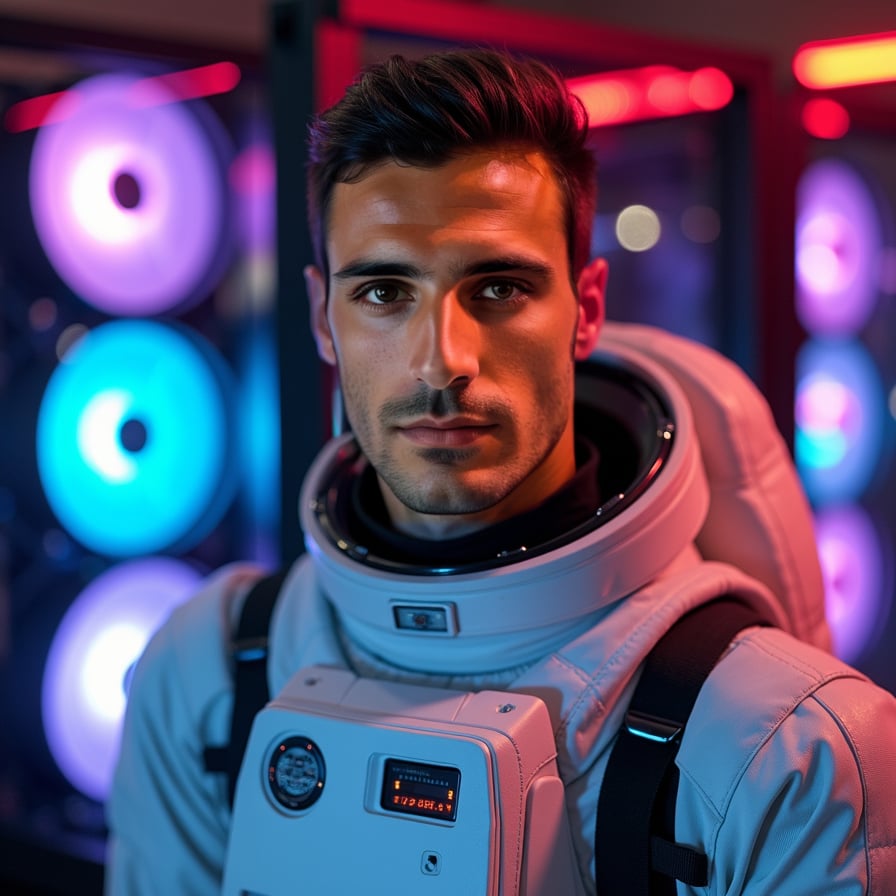 Futuristic spacesuit, cosmic lights, wormhole, otherworldly ambiance.