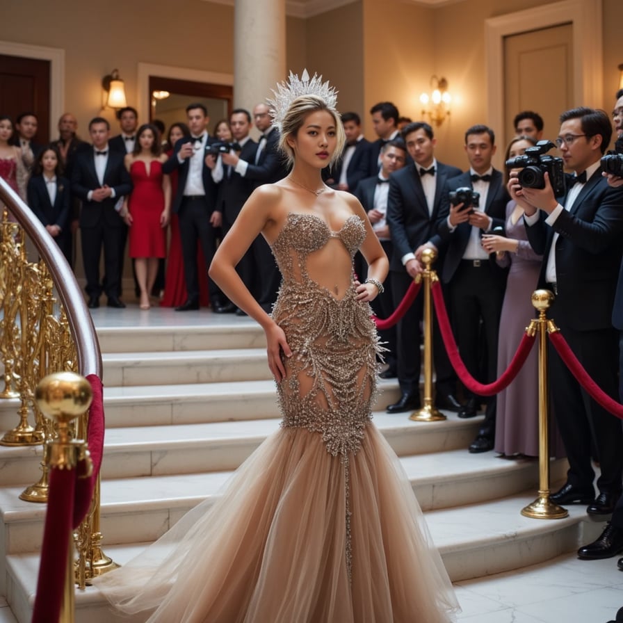 A Met Gala ensemble featuring a glass corset, liquid-metal skirt, and a glowing crystal crown — sci-fi royalty meets haute couture