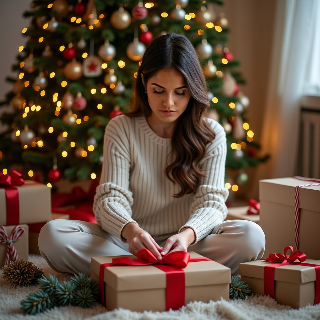 woman wrapping gifts for christmas