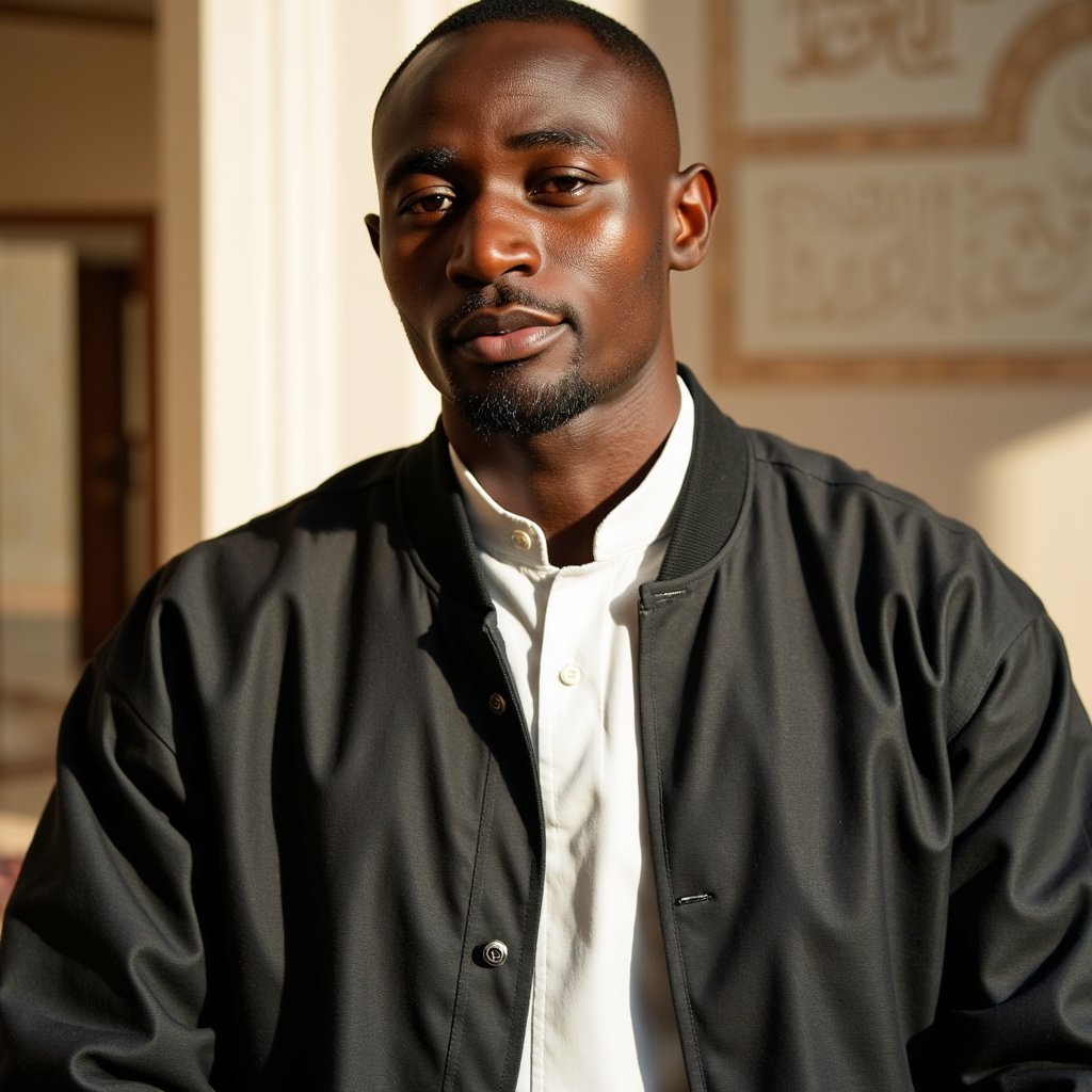 man in a dignified, traditional look, photographed in a serene and respectful setting. The lighting is soft and natural, with warm tones and subtle shadows enhancing his calm expression. The background includes minimal Islamic-inspired design elements like arches or calligraphy patterns, softly blurred. His presence feels composed and reverent. Hyper-detailed, high clarity, respectful tone, spiritual elegance