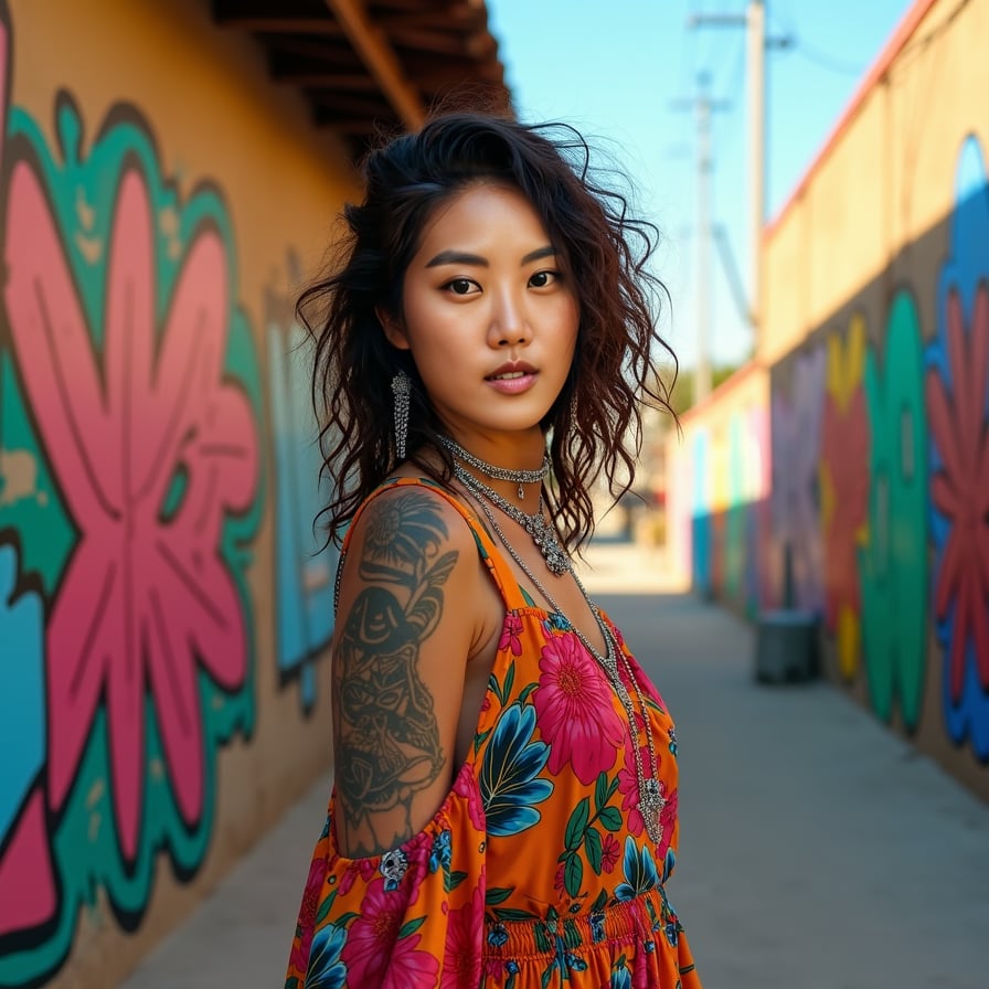 woman wearing vibrant colored dress, exotic floral patterns, curly hair, bright smile, warm sunlight, tropical paradise
