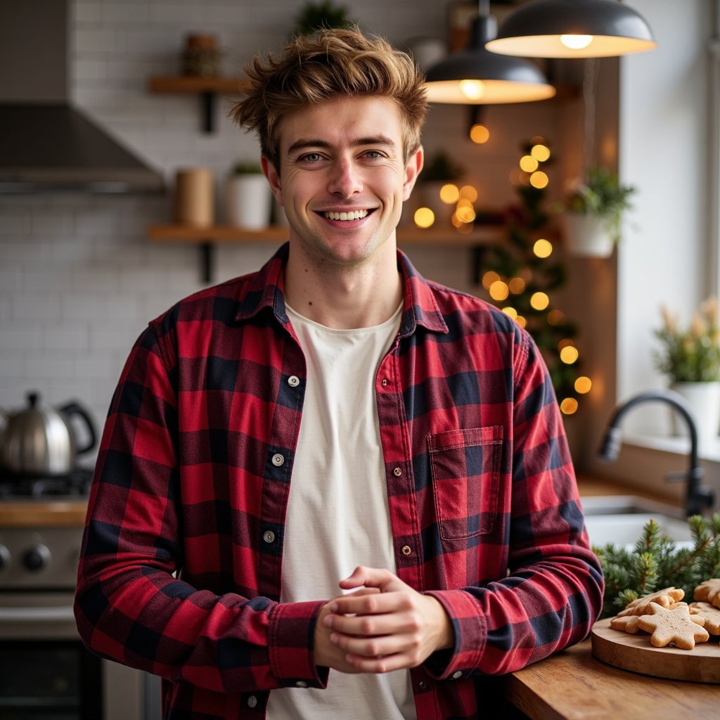 Waist-up portrait of a man standing in a holiday-lit kitchen, leaning lightly against the counter, hands loosely clasped in front, no motion. He wears a deep-red flannel shirt layered over a cream thermal tee; flannel pattern threads visible in crisp detail. Hair: slightly messy textured quiff; clean-shaven. Lighting: warm overhead pendant lights with soft falloff on one side, plus a subtle orange glow from a stovetop kettle off-frame. Background: blurred Christmas cookie tin, pine sprigs, soft-string lights—minimal clutter, shallow DOF. Camera: 50mm f/2 at slight lower-than-eye angle for a homey vibe; highly detailed, highly realistic, HDR with clear textile structure and natural skin texture.