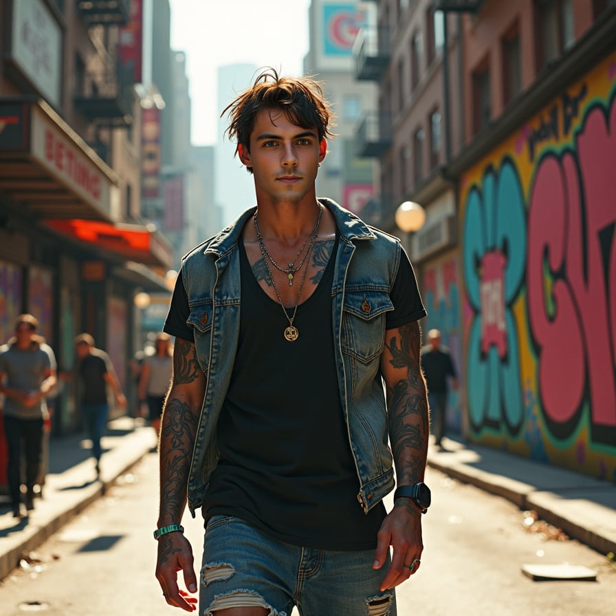 man wearing modern, fashionable attire, walking down a lively urban street, surrounded by towering skyscrapers and bustling city life, under the warm glow of afternoon sunlight.