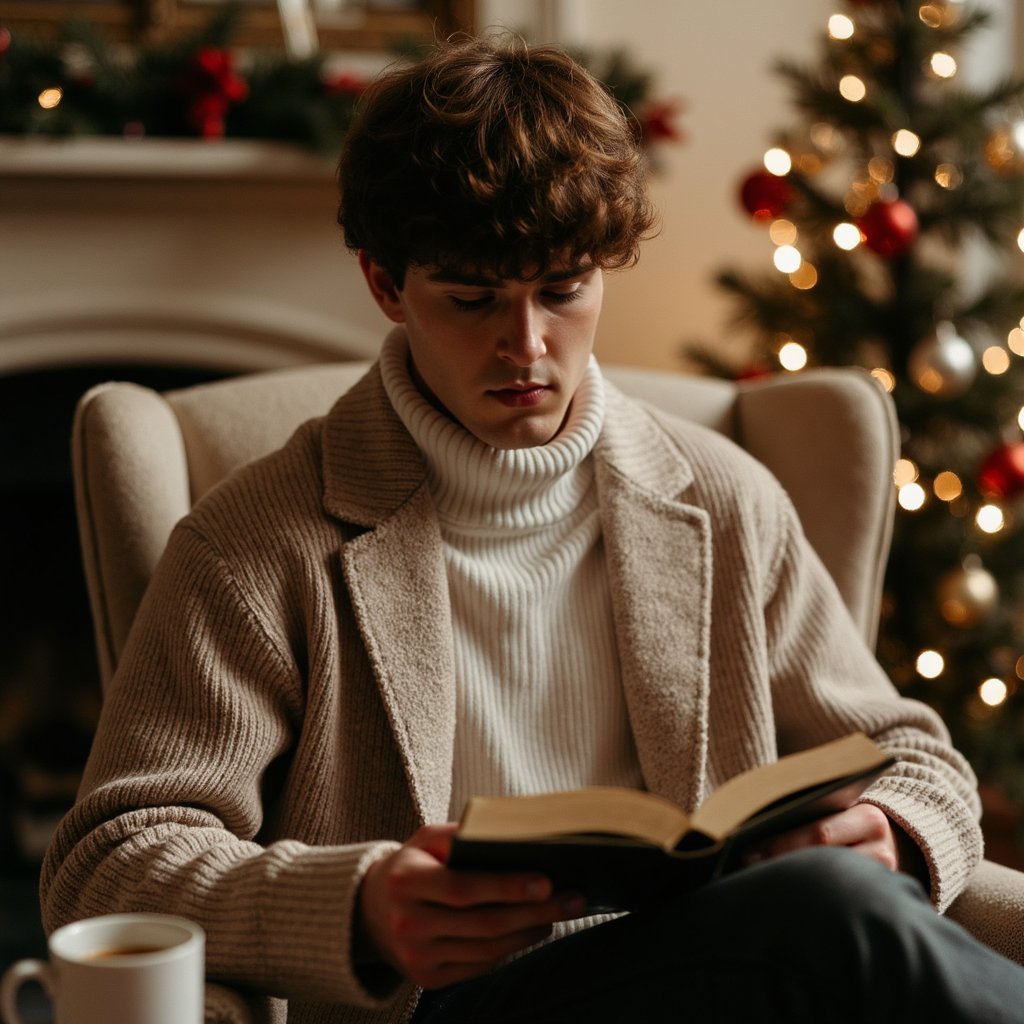 close up of a man in a relaxed turtleneck sweater and comfortable trousers, sitting in an armchair near a fireplace with a decorated christmas tree off to the side. he holds an open book in his lap, looking down at the pages with a calm, absorbed expression. a simple mug of hot drink rests on a small side table next to him. the fireplace casts a warm, directional glow across his face and hands, while the tree lights add soft highlights and subtle reflections on nearby ornaments. the background remains uncluttered, with just a hint of mantle decor and shadows. rich contrast between deep shadows and warm highlights gives the scene a cinematic, intimate feel. three-quarter portrait composition, ultra-detailed, highly realistic, hdr.