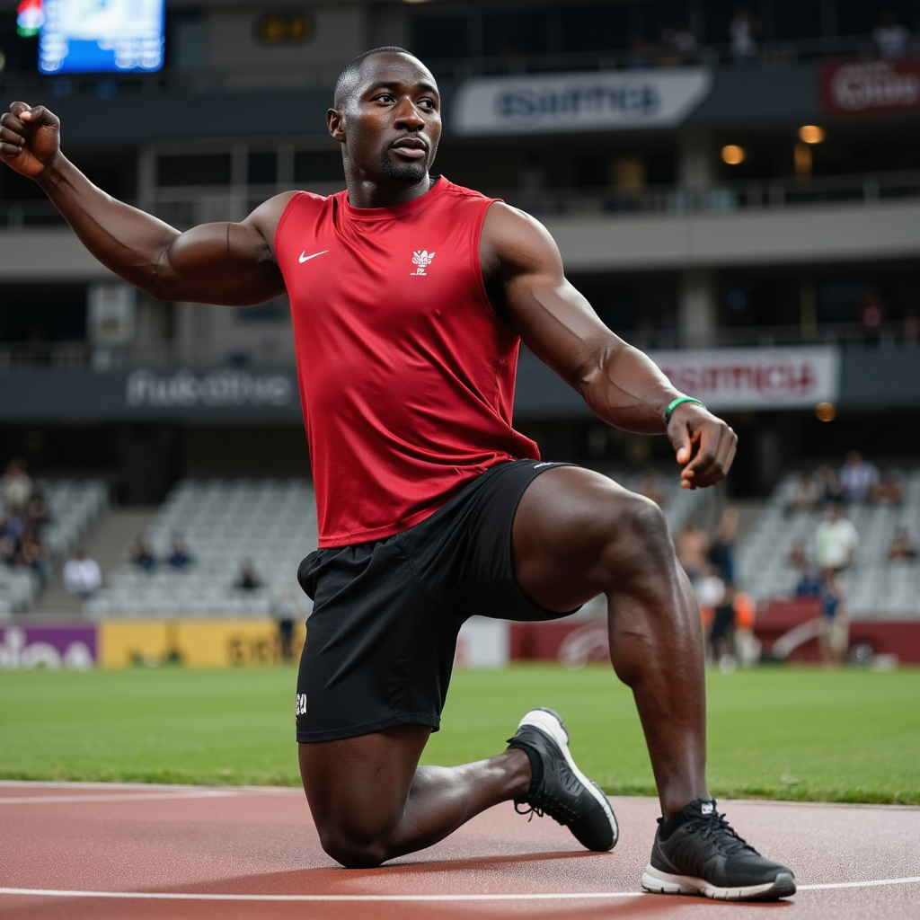 Knee-up image of a discus thrower in mid-warmup, arm stretch in foreground, blur