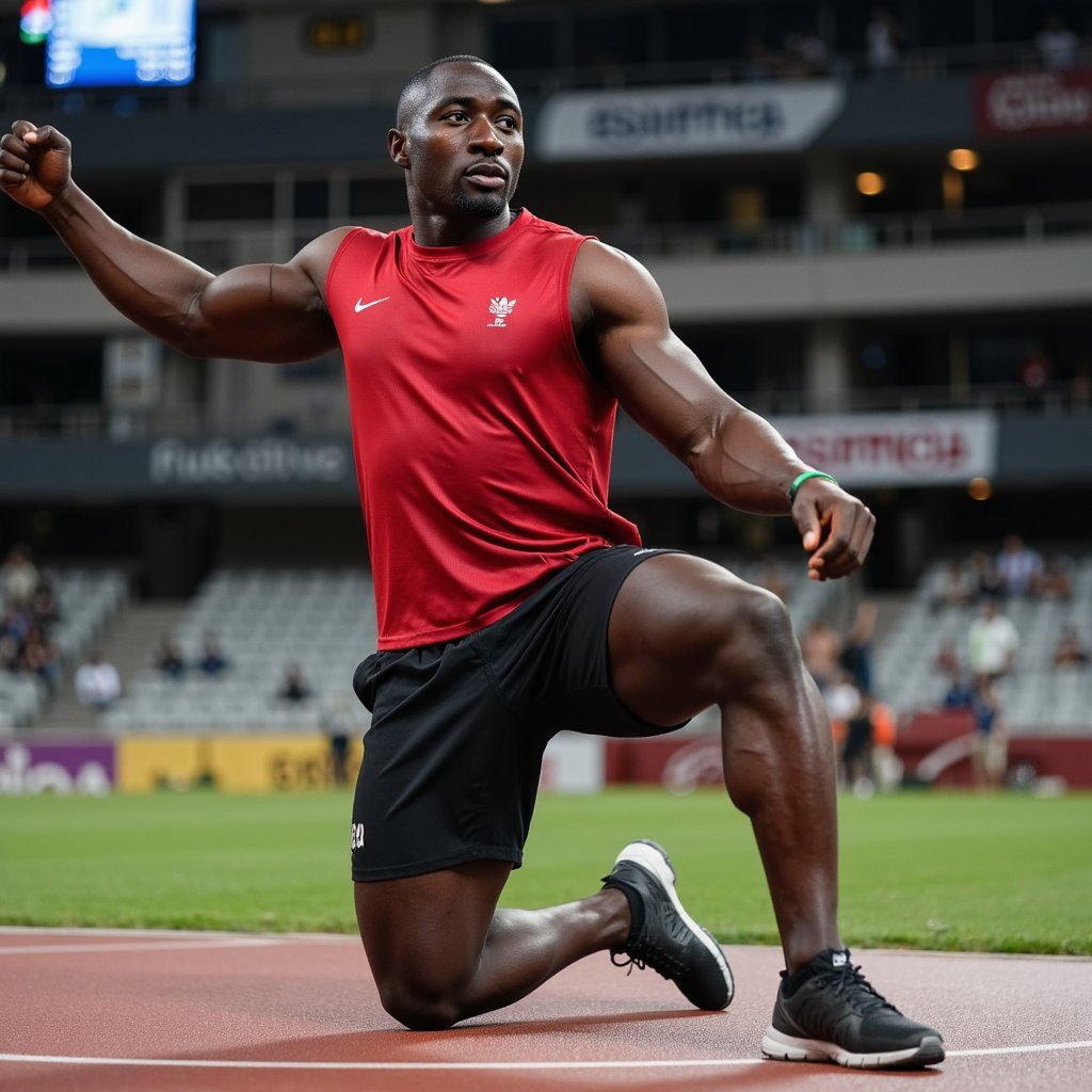 Knee-up image of a discus thrower in mid-warmup, arm stretch in foreground, blurred field backdrop, intense focus on movement prep
