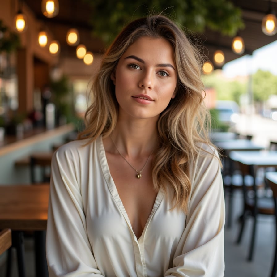 woman radiating confidence and charm. She is dressed in a stylish blouse or dress, with natural makeup and soft curls. The background is a softly lit café or a scenic outdoor setting. Her expression is inviting and cheerful, perfect for a dating profile