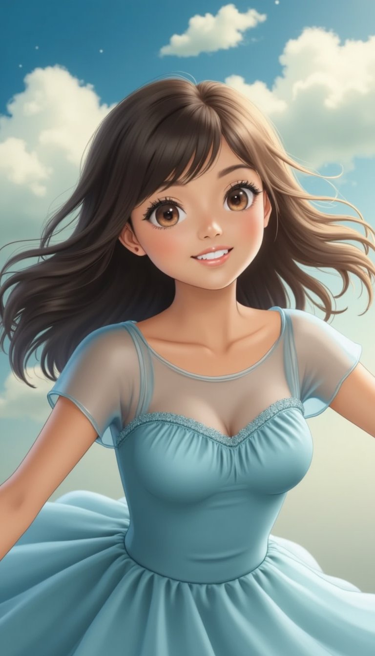 girl in a blue dress, with a gentle, serene expression, floating in mid-air, surrounded by soft, glowing orbs of light and wispy, feathery clouds, against a dreamy, sky blue background, with a subtle, gradient effect to convey a sense of weightlessness and ethereal beauty.