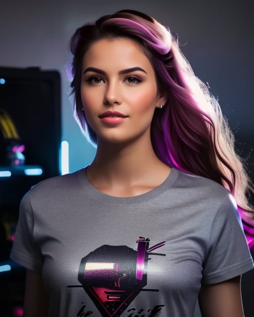 amazingly detailed, masterpiece, ultra hd, full body, beautiful girl, computer gamer, gaming computer, gaming chair, playing cyberpunk 2077, neon bedroom, streamer setup, (italian:0. 3, spanish:0. 4, french:0. 3) , ((cyberpunk theme)), wild long hair, with pink streaks, high detail hair, smokey eye shadow, high detail skin, high detail eyes, seductive eyes, smokey makeup, slender body, toned body, perfect face, slim athletic body, (perky small breasts:1. 5) , (cold attitude, eyeshadow, eyeliner:1. 6) , tattoo, diamond nose stud, (Vintage Samurai Retro Japanese Gaming 2077 Art Game Style T-Shirt) , (((vibrant colors,))) beautiful, ((dramatic lighting, shallow depth of field, Ultra-realistic, beautiful lighting))