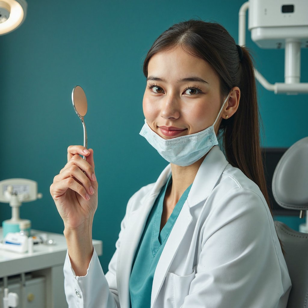Highly detailed, highly realistic HDR portrait of a woman dentist in teal scrubs under a white coat; hair in tidy ponytail, disposable mask lowered under chin. Camera: 50mm lens, f/2.0, ISO 320, chest-up, direct eye-level. Lighting: overhead dental lamp feathered as soft key, bounced reflector fill from camera left; faint natural chin shadow. Pose: holding dental mirror in right hand, gentle reassuring smile. Background: blurred dental chair and instruments, sterile and uncluttered