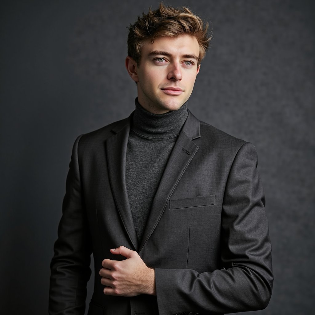 man confidently positioned in a wide-angle shot, dressed in a sharp, tailored suit that accentuates his form. Soft, cinematic lighting intricately defines the texture of his attire and the contours of his face, creating a polished and dramatic scene against a dark gradient background. His charcoal gray turtleneck sweater enhances an elegant, deliberate posture, with his chin slightly raised, as the studio's soft, directional lighting sculpts his features, casting subtle shadows that highlight the contours of his face, all against a seamless, deep slate grey backdrop.