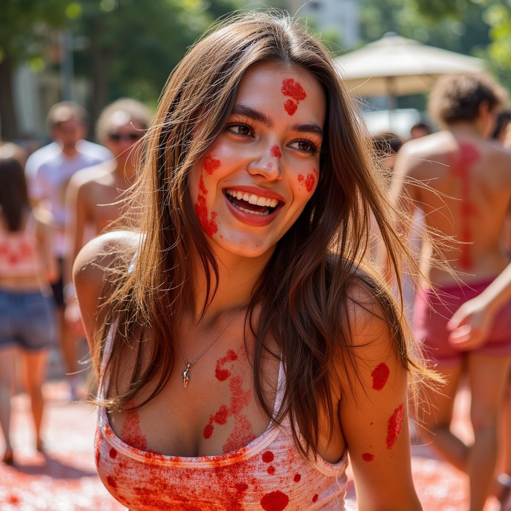 Knee-up portrait of a woman in a white tank top soaked with tomato sauce, one hand raised mid-throw, sunny outdoor light, La Tomatina energy
