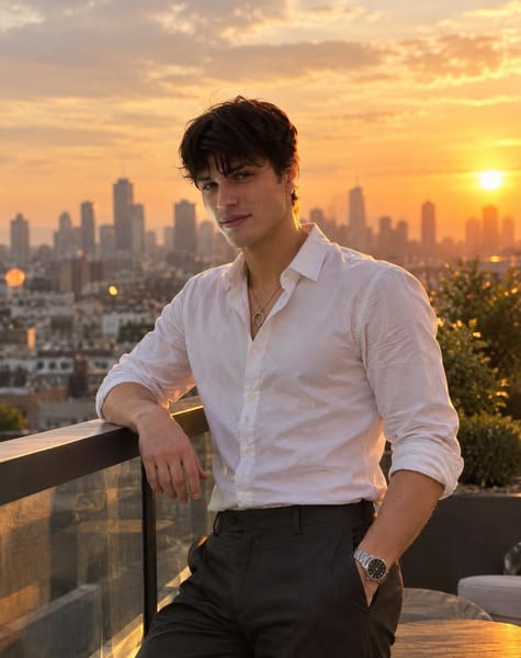 Transform my uploaded reference photo into a realistic cinematic dating-app photograph while preserving my exact identity.
Keep my face, facial proportions, eyes, nose, lips, jawline, hairstyle, skin tone, body proportions and recognizable features exactly consistent with the reference photo.
Place me on a modern rooftop during sunset, with a realistic city skyline in the distance.
Pose me leaning casually against a rooftop railing, body turned slightly away from the camera while my face naturally turns toward the camera.
One arm rests casually on the railing and the other hand is relaxed in my pocket.
Give me a subtle genuine smile and relaxed eyes.
Dress me in a clean fitted button-down shirt with rolled sleeves, tailored trousers and a simple watch.
Use soft golden-hour sunlight coming from behind and slightly to the side, creating a subtle natural rim light around my hair and shoulders while keeping my face properly exposed.
Realistic city atmosphere, slightly hazy skyline, natural wind movement in clothing and hair, authentic shadows and subtle lens flare.
Do not make it look like a fashion campaign. It should look like an exceptionally good candid photograph taken by a friend at sunset.
Natural skin pores, realistic hair, realistic fabric, realistic hands, subtle photographic grain, realistic dynamic range, natural warm color grading.
No plastic skin, no exaggerated muscles, no extreme HDR, no fake sunset, no excessive lens flare, no model pose.