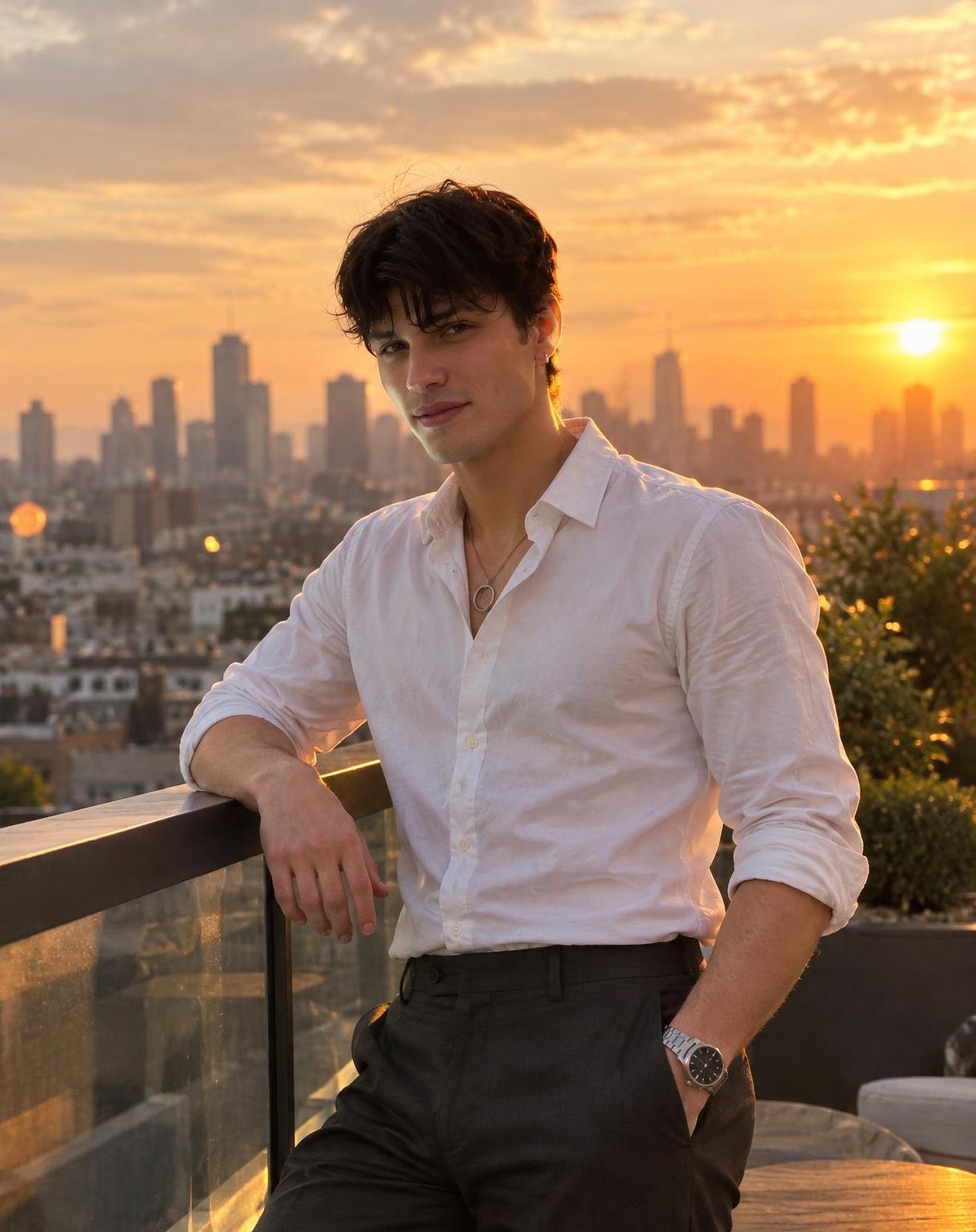 Transform my uploaded reference photo into a realistic cinematic dating-app photograph while preserving my exact identity.
Keep my face, facial proportions, eyes, nose, lips, jawline, hairstyle, skin tone, body proportions and recognizable features exactly consistent with the reference photo.
Place me on a modern rooftop during sunset, with a realistic city skyline in the distance.
Pose me leaning casually against a rooftop railing, body turned slightly away from the camera while my face naturally turns toward the camera.
One arm rests casually on the railing and the other hand is relaxed in my pocket.
Give me a subtle genuine smile and relaxed eyes.
Dress me in a clean fitted button-down shirt with rolled sleeves, tailored trousers and a simple watch.
Use soft golden-hour sunlight coming from behind and slightly to the side, creating a subtle natural rim light around my hair and shoulders while keeping my face properly exposed.
Realistic city atmosphere, slightly hazy skyline, natural wind movement in clothing and hair, authentic shadows and subtle lens flare.
Do not make it look like a fashion campaign. It should look like an exceptionally good candid photograph taken by a friend at sunset.
Natural skin pores, realistic hair, realistic fabric, realistic hands, subtle photographic grain, realistic dynamic range, natural warm color grading.
No plastic skin, no exaggerated muscles, no extreme HDR, no fake sunset, no excessive lens flare, no model pose.