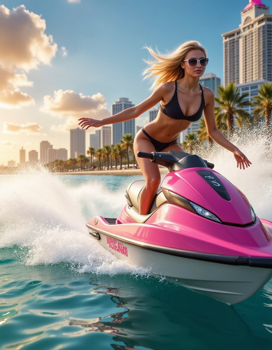 A woman roller-skating down a pastel-colored Miami street during golden hour, with soft sun flares and neon reflections in shop windows, dreamy and cinematic