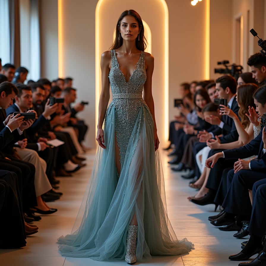 woman in a stunning, floor-sweeping evening gown, confidently strutting down a glamorous catwalk, surrounded by flashing cameras and a crowded audience, under the bright lights of a high-end fashion event.