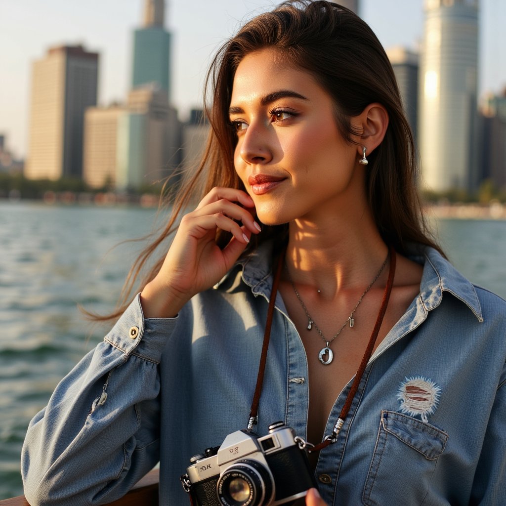 woman wearing a loose-fitting, artistically distressed denim shirt with subtle paint splatters on the sleeves. Her delicate, layered silver necklaces gleam subtly, complementing a pair of small, artisan-crafted stud earrings shaped like miniature aperture blades. She holds a beautifully preserved, antique medium format camera, its leather strap worn smooth, positioned casually in her left hand, a silent homage to her passion. Her right hand is gently raised, as if adjusting focus, creating a dynamic yet relaxed pose that exudes authentic creative energy. The background is a gently blurred sun-drenched cityscape, with distant, iconic architectural silhouettes creating a sense of expansive possibility.