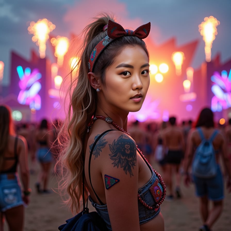 A young woman facing the camera at an outdoor music festival, dressed in bold, creative festival attire with a colorful headband and glitter on her cheeks. Behind her is an elaborate, fantasy-themed stage filled with laser lights and holograms, while people around her dance under a sky lit with fireworks and smoke effects, capturing the magic of the moment