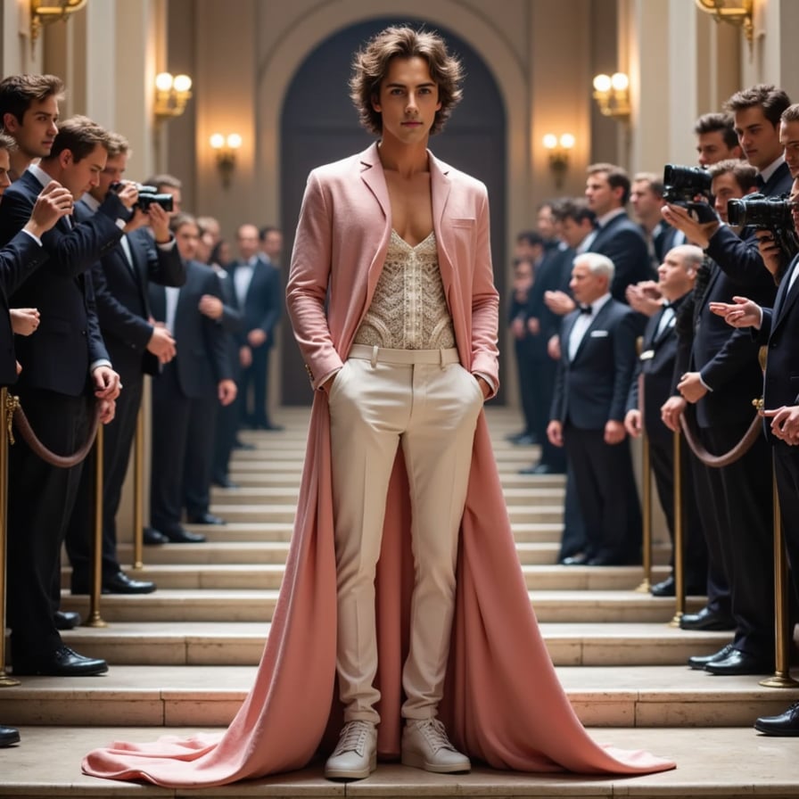 A gender-fluid Met Gala look for a man: oversized silk blouse with exaggerated ruffles, lace trousers, pearl corset, and a dramatic train in soft pastels.