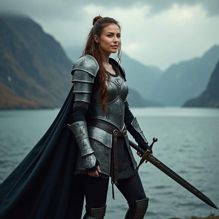 woman in medieval warrior attire, wielding a sword with confidence and strength, posed against a dramatic, stormy sky backdrop