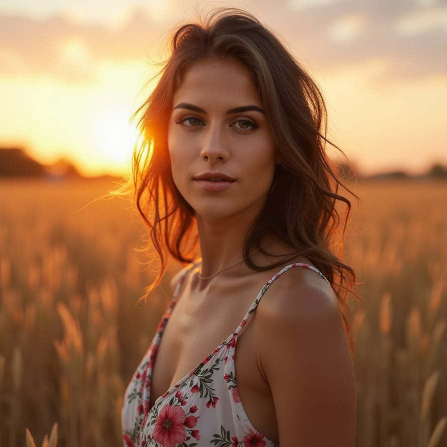 woman standing in a field at sunset, with golden light highlighting her features. She is wearing a flowy dress or casual chic outfit, her hair lightly tousled by the breeze. Her expression is soft and inviting, perfect for a romantic dating profile vibe