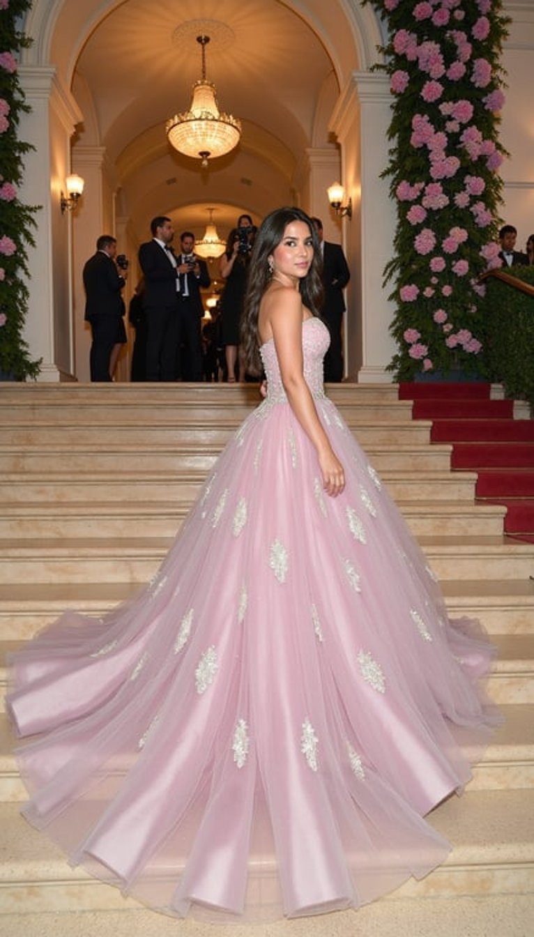 Background: actual 2026 Met Gala setting at the Metropolitan Museum of Art, grand stone steps, tan stone-garden carpet with moss-green patches, wisteria framing, warm evening gala lighting.
Model: fictional model wearing a soft pastel organza gown inspired by impressionist water-lily paintings, layered translucent petals, blurred brushstroke embroidery, floating pond-like train; seated gracefully on the steps with one shoulder turned.
Camera: slightly elevated 45-degree fashion angle, soft editorial glow.