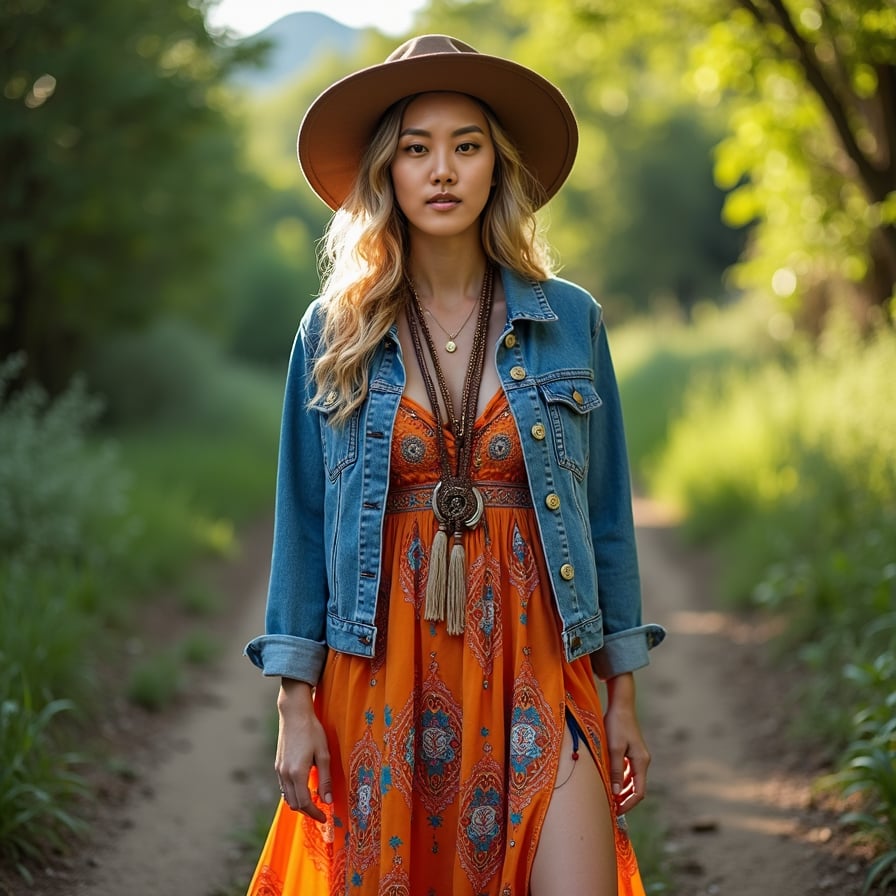 woman wearing a vibrant, colorful dress, standing in a trendy outdoor setting with lush greenery, radiating confidence and joy.