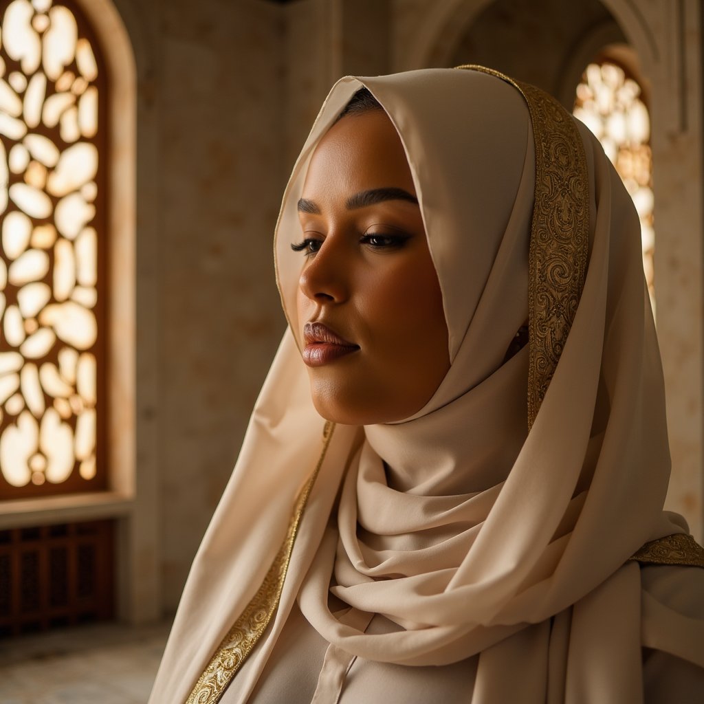 Close-up headshot of a woman in an elegant hijab with gold embroidery, eyes closed in reflection, soft background lights resembling Mawlid night ambiance