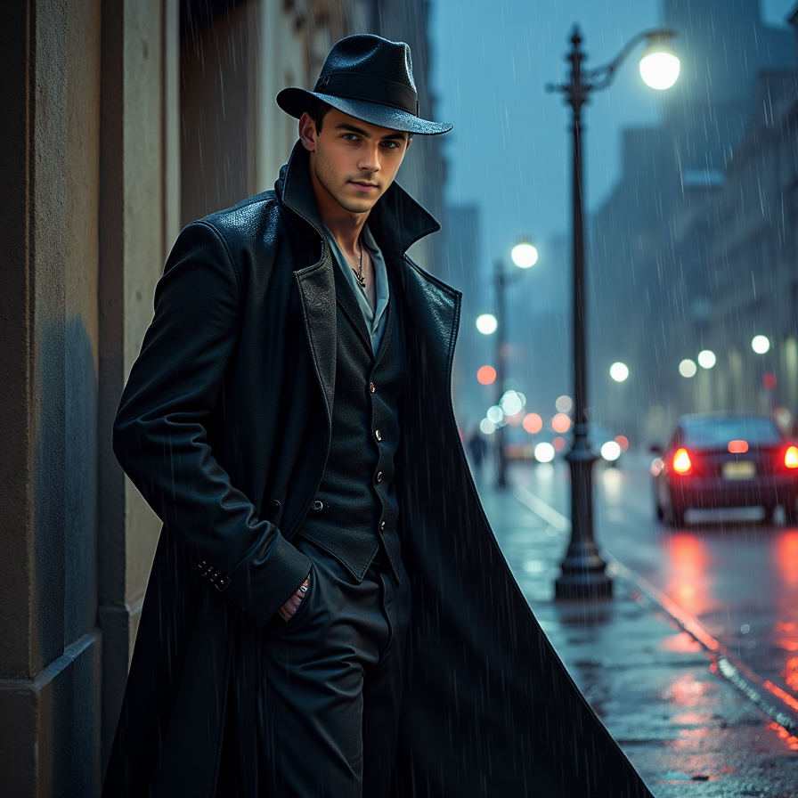 Depict a vampire detective standing under a streetlight on a rainy city street a