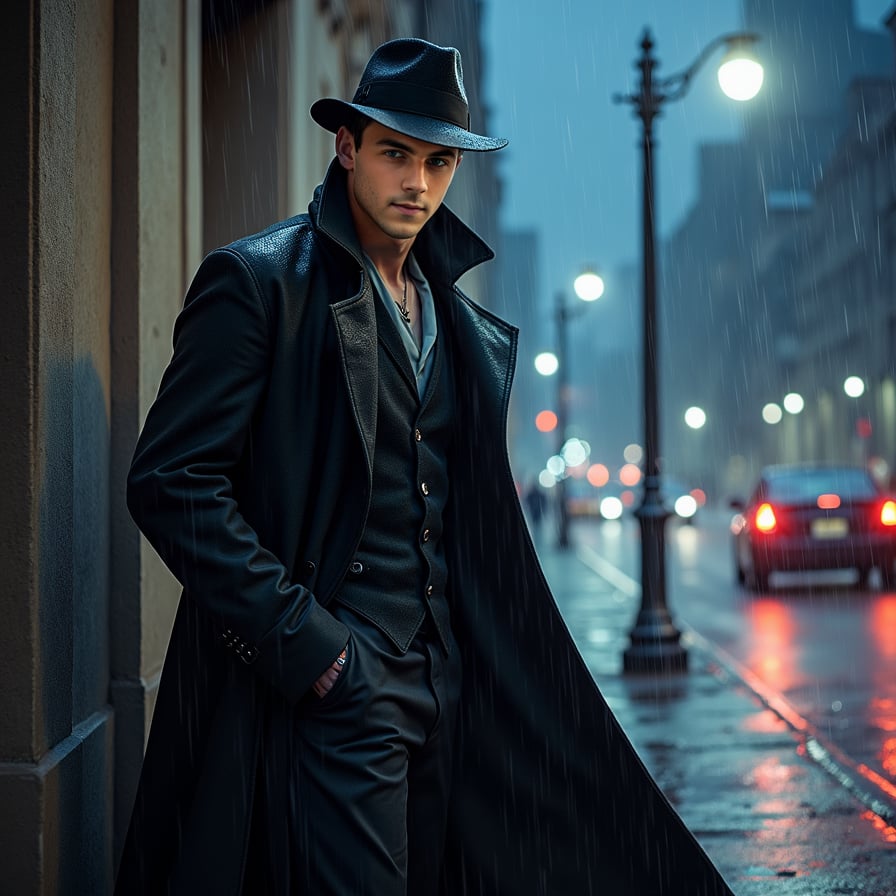 Depict a vampire detective standing under a streetlight on a rainy city street at night. He’s dressed in a long, dark trench coat and a fedora, with shadows partially obscuring his face, revealing only sharp, pale features and piercing eyes. Raindrops glisten on his coat, and the city lights reflect off the wet pavement around him. His expression is focused and brooding, giving the scene a noir-like, suspenseful feel.