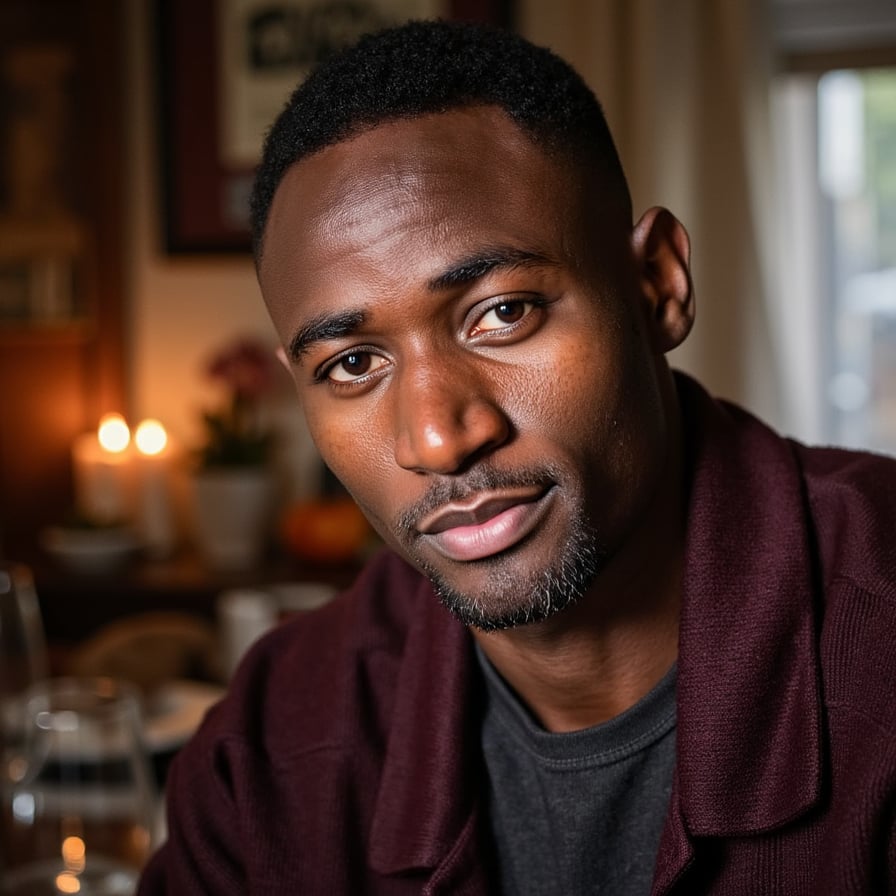 Hyperrealistic, highly detailed, HDR waist-up portrait of a man (male, ~40 yrs) indoors in a warmly lit dining space. Camera eye-level, straight-on. He wears a deep charcoal henley layered under a dark maroon wool cardigan with button detail. Short dark hair with a few silver strands, neatly styled. Background softly blurred: dark wood panels and subtle candle bokeh, faint reflections on glassware. Lighting warm and directional — candlelight from lower left adds gentle upward highlights on his face and collarbones. Visible details: fine beard texture, micro-shadows across the face, sweater’s dense weave, reflections in eyes. Mood cinematic, intimate Thanksgiving warmth. HDR, high resolution, high quality, highly detailed, photorealistic.