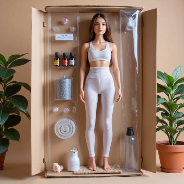 A serene female action figure in activewear, standing tall inside toy packaging with a yoga mat, essential oils, crystals, a leafy plant, and a water bottle around her. Label: THE WELLNESS GURU.
