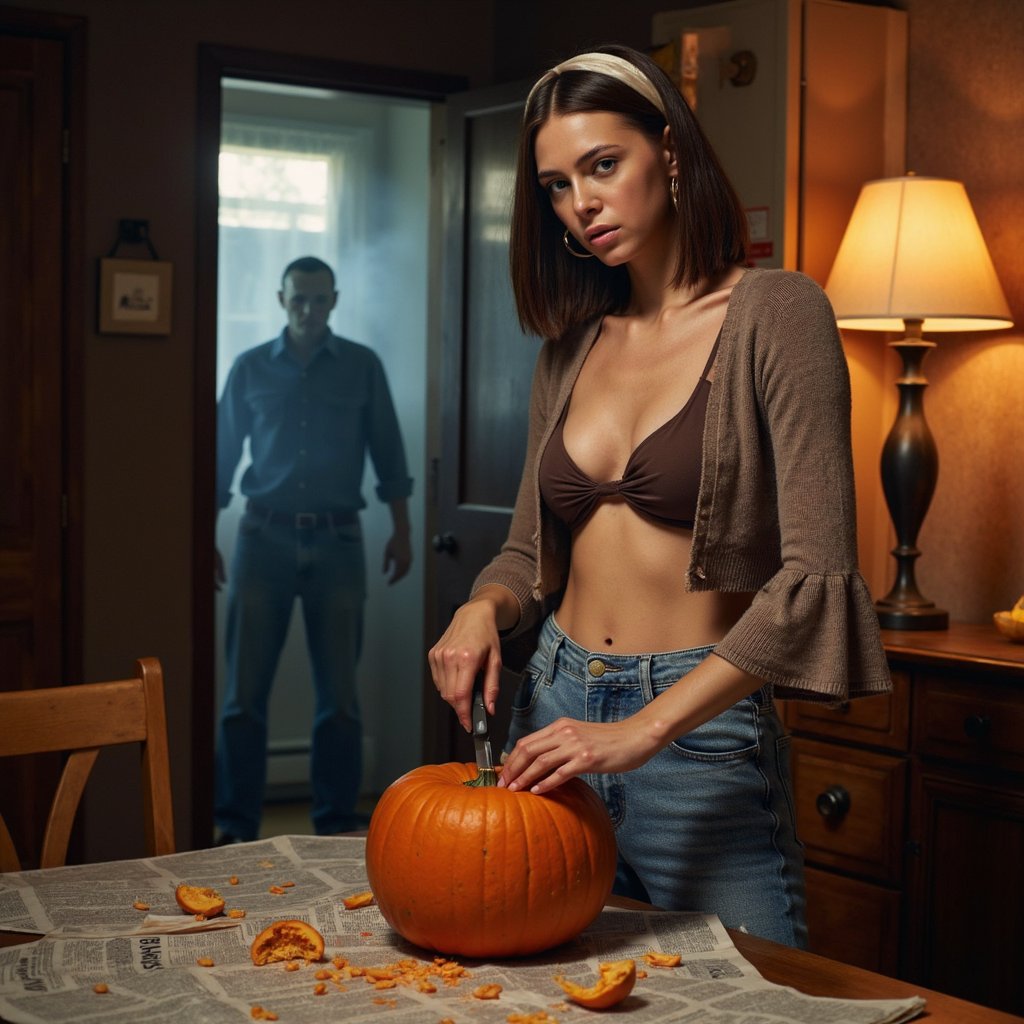 A woman stands at a retro-style wooden kitchen table, carving into a pumpkin with a small knife. She wears a cropped knit cardigan with bell sleeves and flared jeans, styled with hoop earrings and a silk scarf in her hair. Her makeup is simple yet sharp with glossy lips. Pumpkin guts and seeds spill onto newspaper spread across the table. The dim amber kitchen lamp casts heavy shadows across the room. In the doorway behind her, Michael Myers can be seen, his pale mask barely lit against the dark hallway.