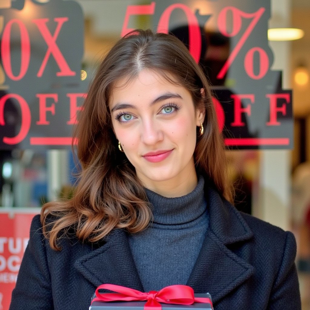 A poised woman (female) framed as a tight headshot in front of a glossy storefront, holding a matte-black gift box with a deep red satin ribbon just below the chin. Hairstyle: sleek lob tucked behind one ear; makeup: soft matte skin, neutral taupe eyeshadow, fine winged liner, satin nude lips. Attire: black herringbone wool coat over a charcoal cashmere turtleneck; subtle gold mini hoop earrings. Pose: chin slightly down, eyes to camera, faint smile; no motion. Camera: 85mm prime, f/1.4, eye-level, focus on near eye; Lighting: warm tungsten window glow as key from camera left, cool LED rim from the right, delicate catchlights. Background: bokeh of red “50% OFF” window decals and glass reflections; minimal clutter. Fabric details: visible wool grain, cashmere fuzz, ribbon sheen. Color palette: black/charcoal with restrained red accent. Highly detailed, highly realistic, HDR, high resolution.