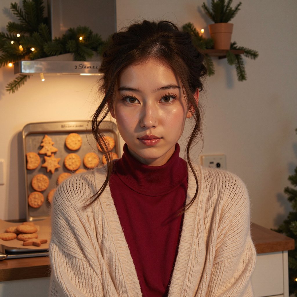 Head-and-shoulders portrait of a woman in a softly lit kitchen while Christmas cookies bake in the blurry background (no motion). She wears a cream knit cardigan over a red thermal top, cardigan showing soft wool fuzz and delicate ribbing.
Hair: half-up style with loose curls cascading down.
Makeup: soft golden shimmer on eyelids, warm blush, glossy nude lips.
Lighting: warm oven-light glow from behind adds a subtle halo while a soft diffused key from camera-left lights her face.
Background: blurred gingerbread cooling tray, pine sprigs, subtle fairy lights — minimal clutter, organized composition.
Camera: 50mm f/1.8; highly realistic, highly detailed, HDR, highlighting cardigan texture, hair shine, and warm kitchen tones.