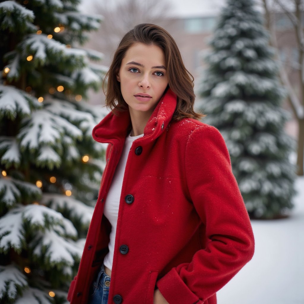 Waist-up outdoor portrait of a woman wearing a vivid red wool coat with a structured collar and black buttons; coat texture visible in crisp detail. She stands slightly turned away from the lens, looking gently back with a soft expression, still pose.
Hair: loose, soft curls with snowflakes resting naturally on the strands.
Makeup: natural glam—soft brown eyeliner, rosy cheeks, satin neutral lips.
Lighting: bright overcast snow-reflected light creating soft, even illumination; subtle highlights on coat fibers.
Background: blurred snowy evergreens with tiny golden fairy lights; minimal clutter.
Camera: 85mm f/2, eye-level; highly detailed, highly realistic, HDR, snowflakes, coat fibers, and eye reflections rendered sharply.