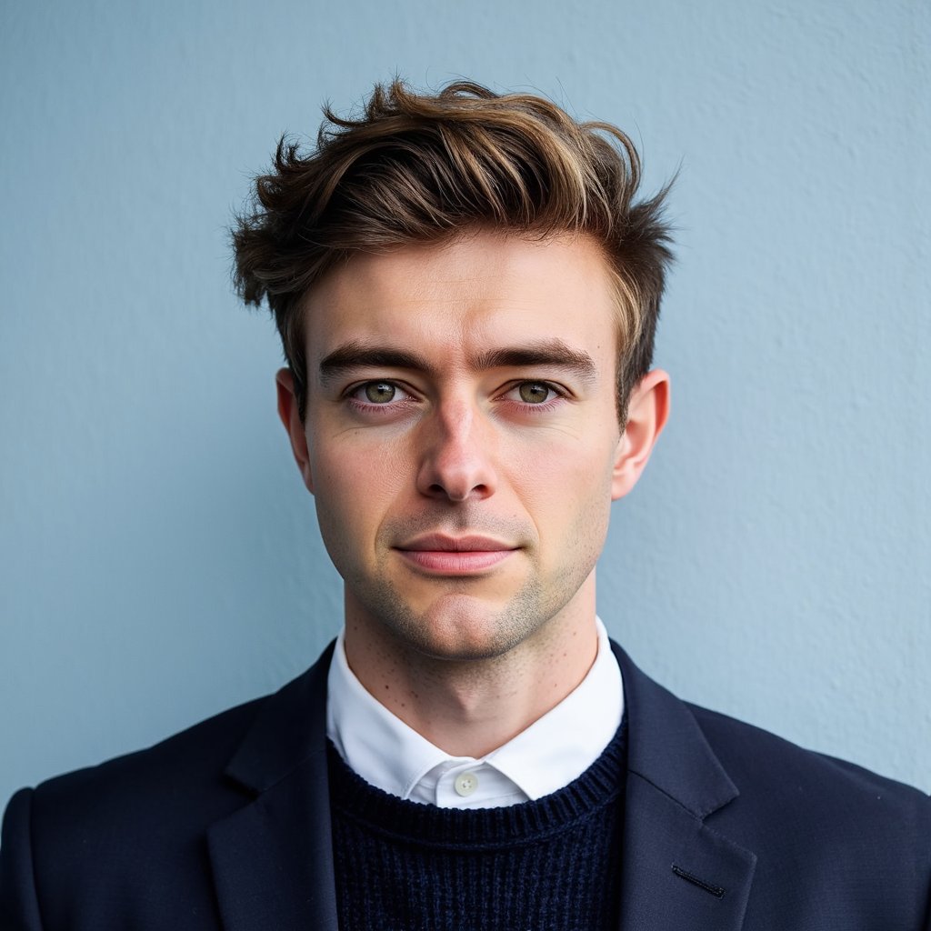 A highly detailed, highly realistic HDR passport-style portrait of a man in his late 20s. He has short, neatly tapered black hair and a trimmed, symmetric beard. He wears a dark navy crew-neck sweater made of fine wool, with visible knit texture. The camera is positioned very slightly above eye level, creating a clean and flattering angle while still retaining official passport compliance. Lighting is cool and even, softening pores while keeping textures sharp. Background is a cool matte light blue, perfectly uniform with no texture or distraction. His expression is neutral and composed. Minute details such as beard texture, sweater fibers, and balanced lighting across the face are crystal clear.