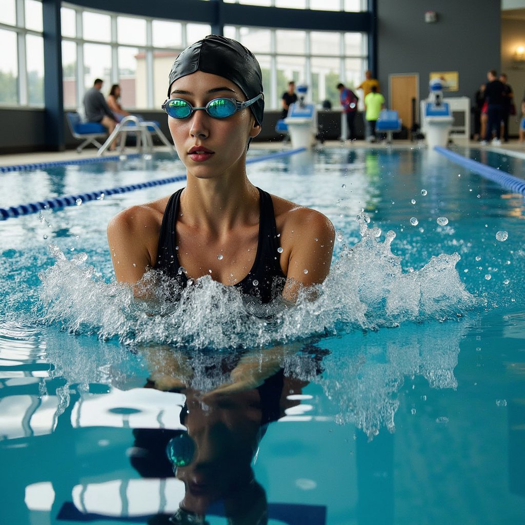 Woman competitive swimmer surfacing from a flip turn at an indoor pool, head turning for breath, droplets arcing; swim cap and mirrored goggles, streamlined racing suit (matte fabric with bonded seams, water beading visible); long telephoto from deck level, 200mm, f/2.8, 1/1000, ISO 800 to freeze droplets; overhead LED reflections creating specular highlights on ripples; lane lines and blue-white tile pattern softly blurred, minimal clutter; natural skin texture around cheek and jaw, condensation on goggle edges; highly detailed, highly realistic, HDR
