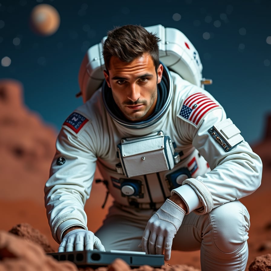 man in white astronaut suit with utility pockets and metallic accents, no helmet, bending over to tinker with spaceship, surrounded by Martian terrain with craters, rocks, distant parked spaceship, under starry night sky with Mars, Jupiter visible, soft moonlight glow, subtle shadows on suit's textured fabric, intense focus on determined face, against warm rust-red Martian landscape.