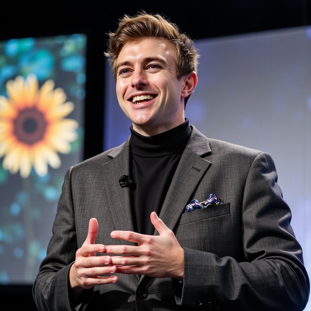 Highly realistic, highly detailed HDR image of a man keynote speaker on stage; charcoal blazer over a fine black turtleneck, small clip-on lav mic. Camera: 135mm lens, f/2.0, ISO 800, chest-up angle from audience perspective. Lighting: overhead spot as strong key, cool backlight rim highlighting shoulders, faint fill from stage floor bounce; believable shadows across backdrop. Pose: mid-gesture with open hands, animated expression as if addressing audience. Background: blurred LED screen with abstract graphics, minimal clutter.
